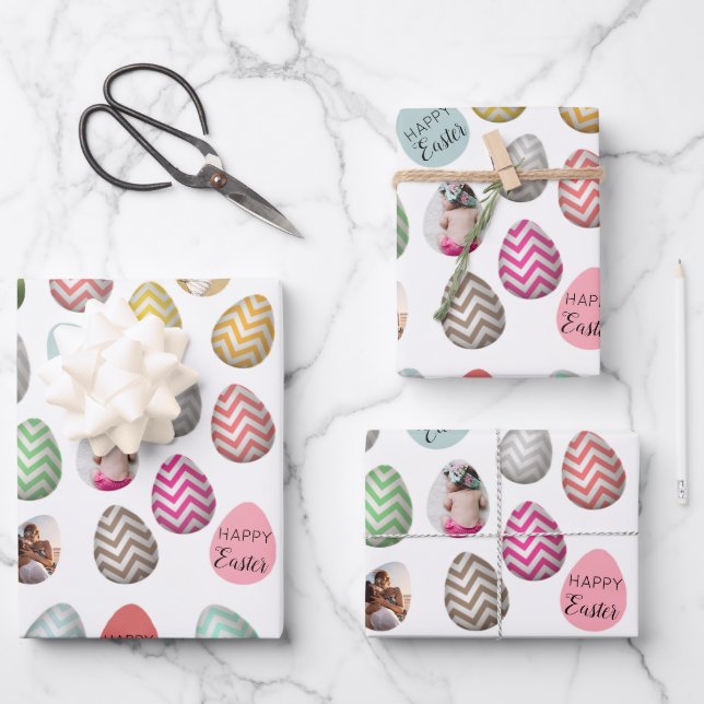 Personalisiertes 6 Foto Pastelleier Ostermuster Geschenkpapier Set (Vorderseite)