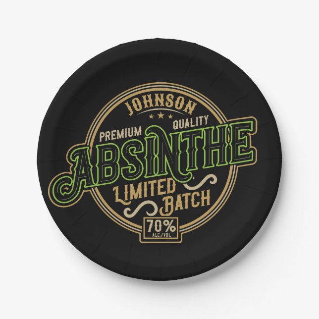 Personalisiertes Absinth-Kräutergeist-Liquor-Label Pappteller (Vorderseite)