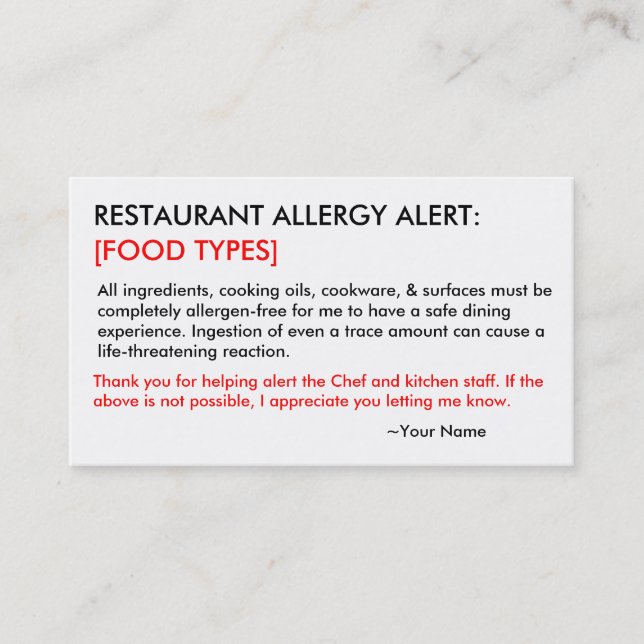 Personalisiertes Allergikerrestaurant & ICE Card Visitenkarte (Vorderseite)
