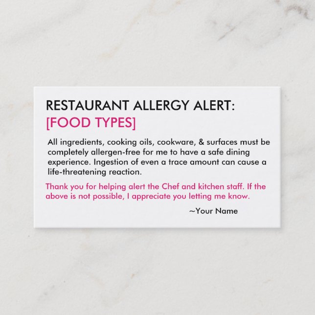 Personalisiertes Allergikerrestaurant & ICE Card Visitenkarte (Vorderseite)