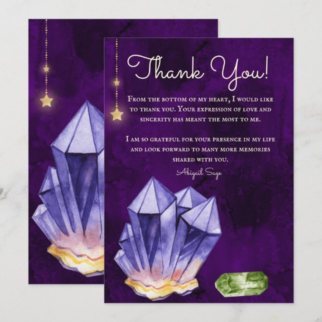 Personalisiertes Amethyst und Berylkristalle Lila Dankeskarte (Vorne/Hinten)