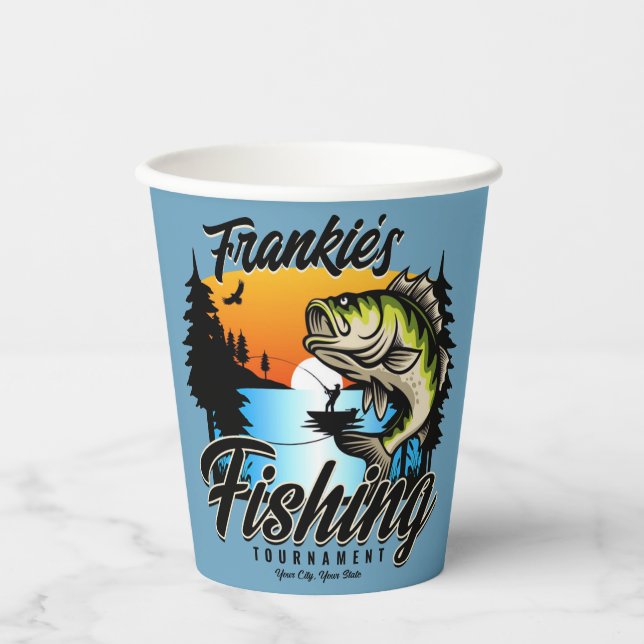 Personalisiertes Angelturnier Fischfeindlichkeit Pappbecher (Vorderseite)