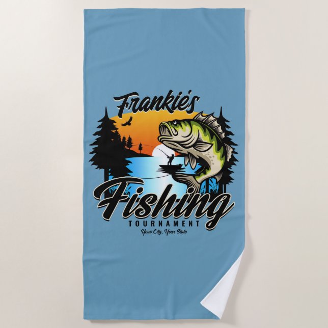Personalisiertes Angelturnier Fischfeindlichkeit Strandtuch (Vorderseite)