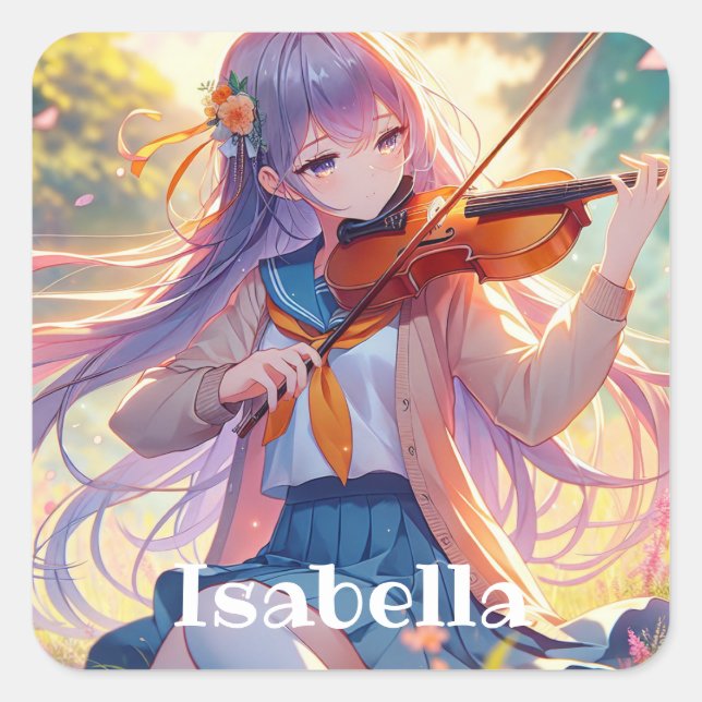Personalisiertes Anime Girl Violinspiel Quadratischer Aufkleber (Vorderseite)