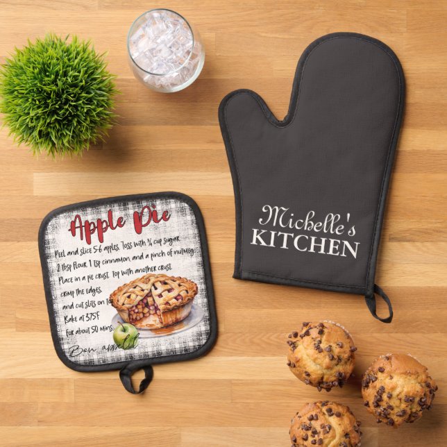 Personalisiertes Apfelkuchen Backrezeptur Ofenhandschuh & Topflappen-Set (Oben Unten)