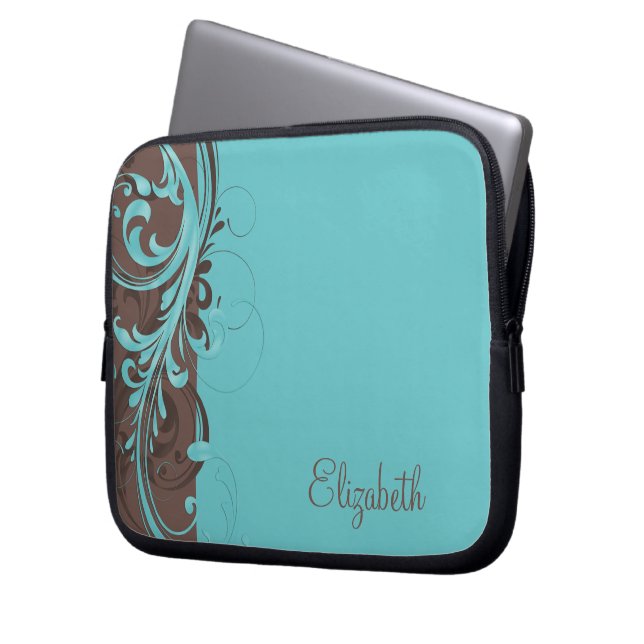 Personalisiertes Aqua Blue Brown Floral Laptop Sie Laptopschutzhülle (Vorderseite Links)