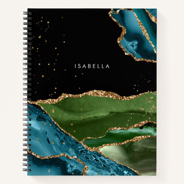 Personalisiertes Aqua/Green Agate mit Gold Glitzer Notizbuch (Vorderseite)