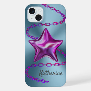 Personalisiertes Aqua & Hot Pink Star iPhone 15 Plus Hülle