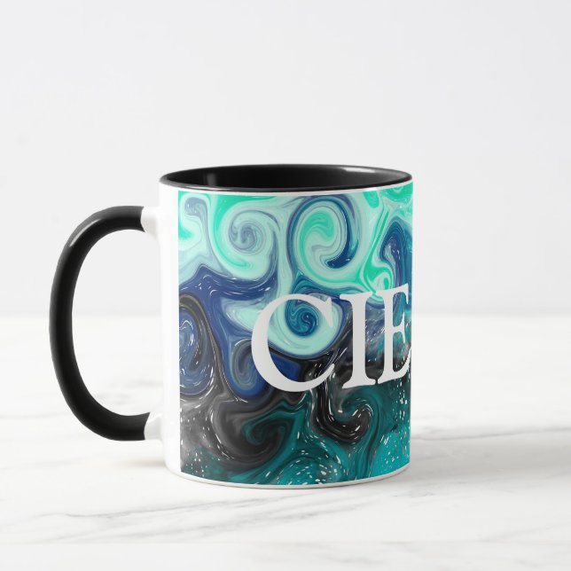Personalisiertes Aquamarines Blau und Schwarzes Fl Tasse (Links)