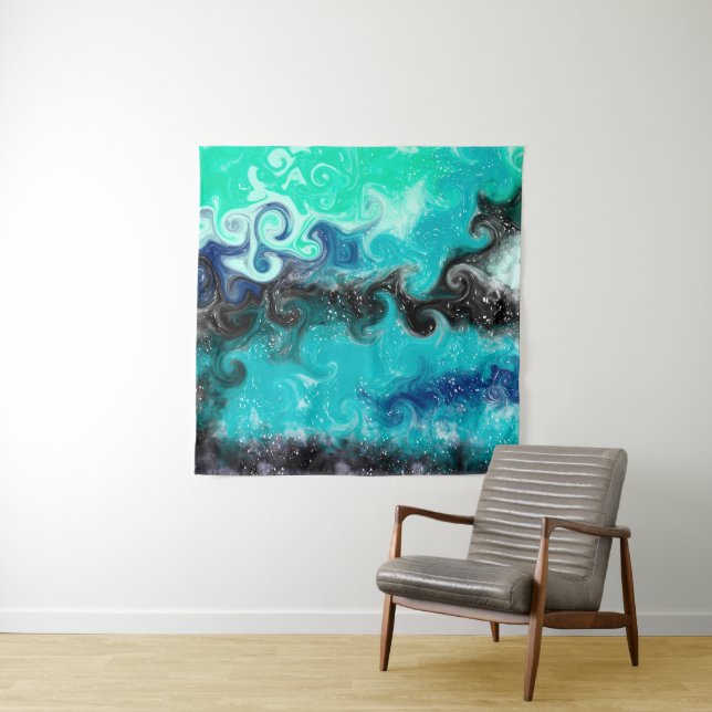 Personalisiertes Aquamarines Blau und Schwarzes Fl Wandteppich (Beispiel)