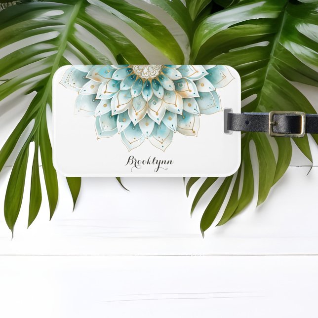 Personalisiertes Aquamarines Gold Floral Mandala Gepäckanhänger (Von Creator hochgeladen)