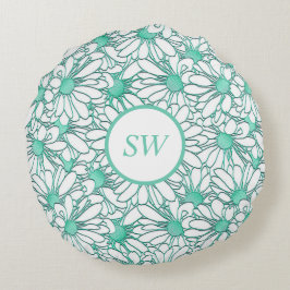 Personalisiertes Aquamarines und weißes Blumendesi Rundes Kissen