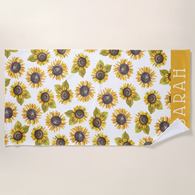 Personalisiertes Aquarell Sonnenblumenstrandtuch Strandtuch (Vorderseite)
