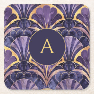 Personalisiertes Art Deco-Monogramm Elegantes Lila Rechteckiger Pappuntersetzer