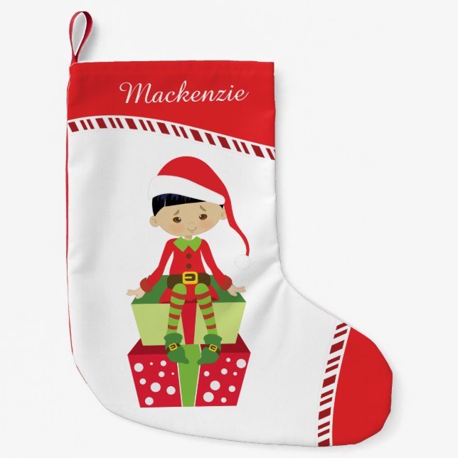 Personalisiertes asiatisches Mädchen Elf Kleiner Weihnachtsstrumpf (Vorderseite)