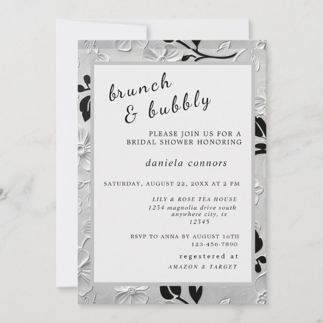 Personalisiertes B & W Florals Brunch & Bubbly Einladung (Vorderseite)