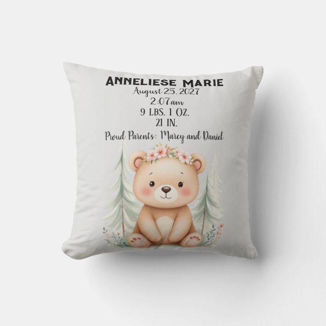 Personalisiertes Baby Bear Birth Stats Girls' Kind Kissen (Vorderseite)