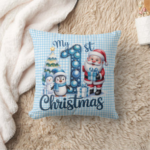 Personalisiertes Baby Blau Gingham Mein erstes Wei Kissen