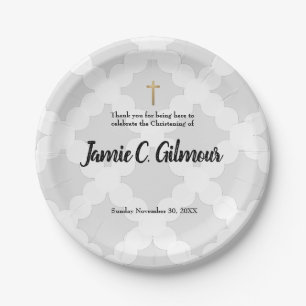 Personalisiertes Baby Christening Grau & Gold Kreu Pappteller