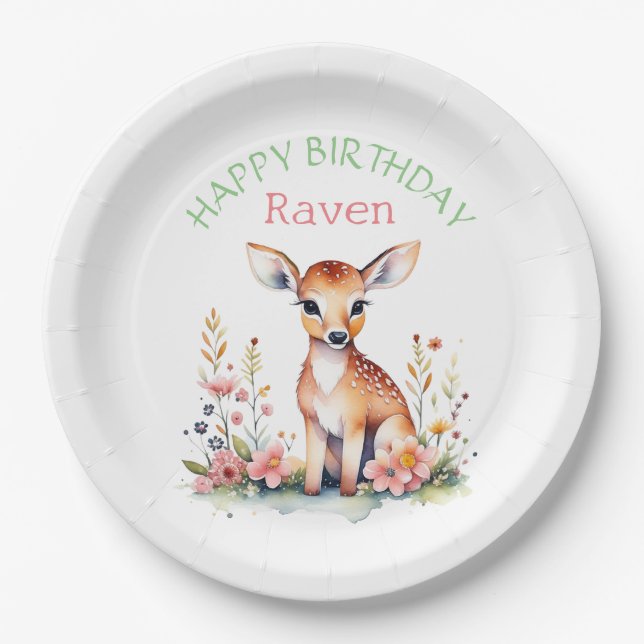 Personalisiertes Baby Deer in Blume Mädchen zum Ge Pappteller (Vorderseite)