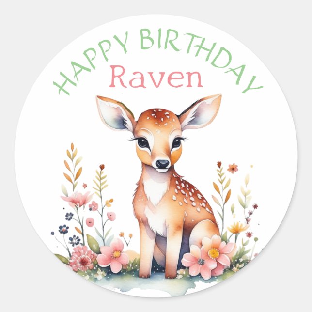 Personalisiertes Baby Deer in Blume Mädchen zum Ge Runder Aufkleber (Vorderseite)