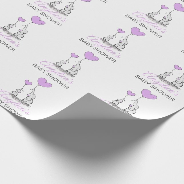 Personalisiertes BABY-DUSCHE lila Elefant MÄDCHEN Geschenkpapier (Ecke)