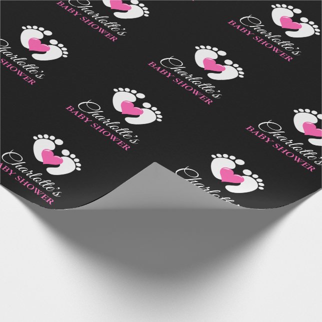 Personalisiertes BABY-DUSCHE Rosa-Fuß-Herz MÄDCHEN Geschenkpapier (Ecke)