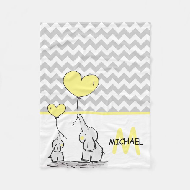 Personalisiertes Baby-Elefant-Gelb-graues Zickzack Fleecedecke (Vorderseite)