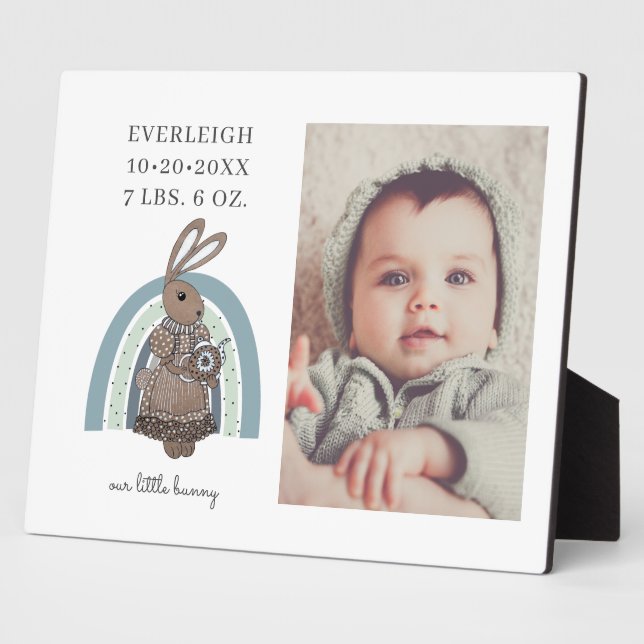 Personalisiertes Baby Foto Bunny Rainbow Birth Sta Fotoplatte (Seite)