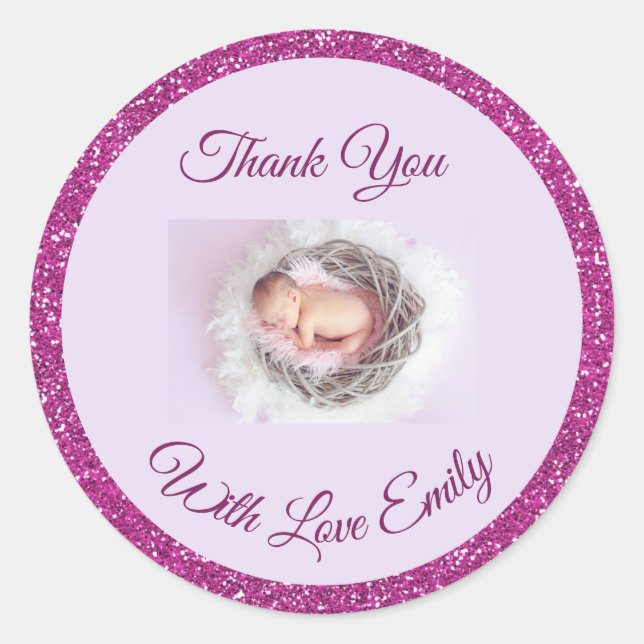 Personalisiertes Baby Foto Pink Glitzer Vielen Dan Runder Aufkleber (Vorderseite)