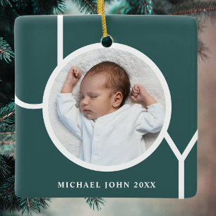 Personalisiertes Baby-Foto-Weihnachts-Fest Grün Keramikornament