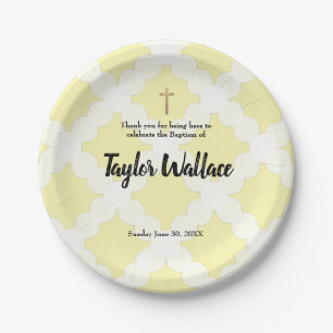 Personalisiertes Baby Gelb Taufe & Goldkreuz Pappteller