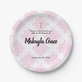 Personalisiertes Baby-Mädchen-Rosa-Taufegoldkreuz Pappteller