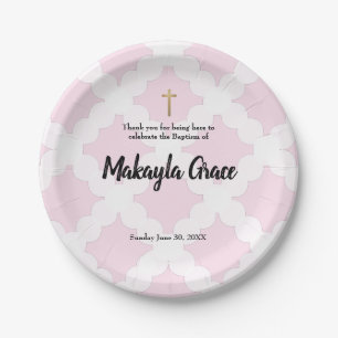 Personalisiertes Baby-Mädchen-Rosa-Taufegoldkreuz Pappteller