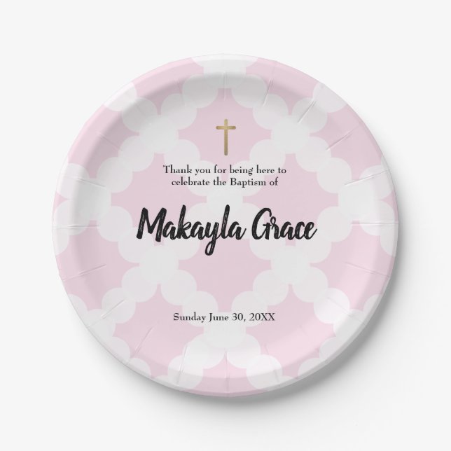 Personalisiertes Baby-Mädchen-Rosa-Taufegoldkreuz Pappteller (Vorderseite)