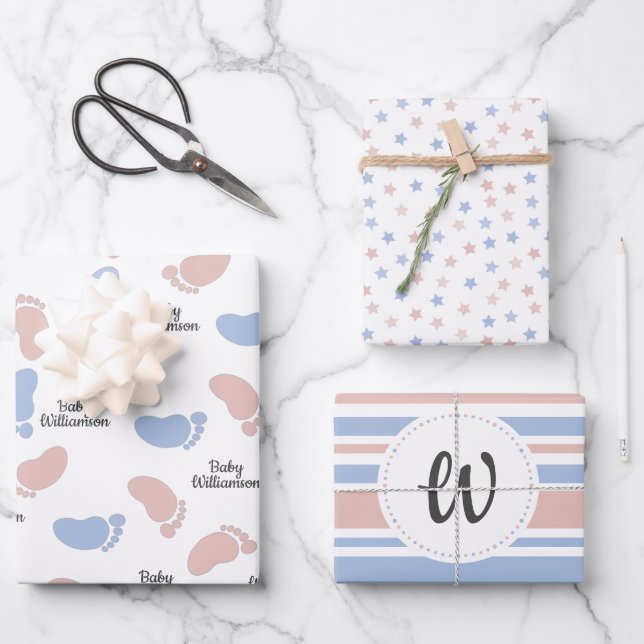 Personalisiertes Baby Shower Gender Reveal Monogra Geschenkpapier Set (Vorderseite)