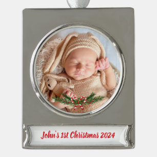 Personalisiertes Baby's 1. Weihnachten mit Foto Banner-Ornament Silber