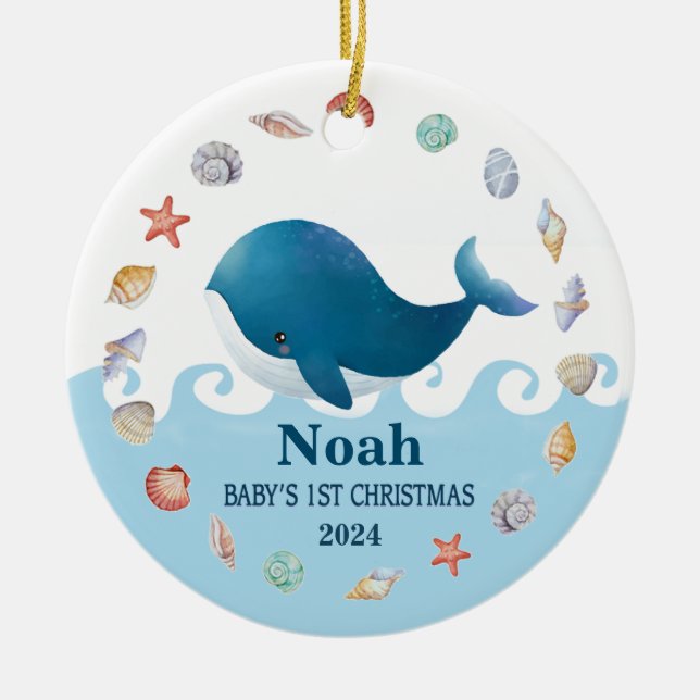 Personalisiertes Baby's 1. Weihnachtswal mit Foto Keramik Ornament (Vorne)
