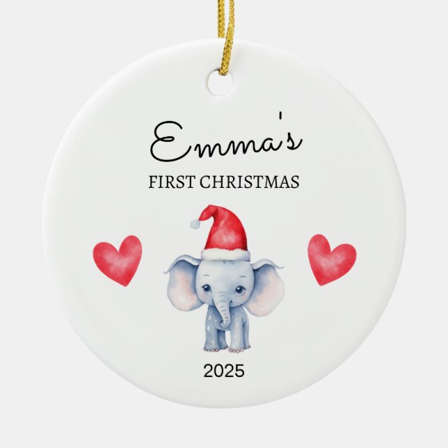 Personalisiertes Baby's First Christmas, Elefanten Keramik Ornament (Vorne)