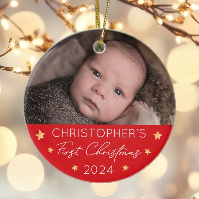 Personalisiertes Baby's First Christmas Foto Keramik Ornament (Von Creator hochgeladen)
