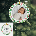 Personalisiertes Baby's First Christmas Holiday Keramik Ornament<br><div class="desc">Das erste Weihnachtsgeschmuck dieses Babys ist mit Aquarellholz und Misteloe dekoriert. Einfach anpassbar mit Foto und Name des Babys. Verwenden Sie zum Bearbeiten das Entwurfstool, um den Schriftart, die Größe des Schriftartes oder die Farbe zu ändern. Weil wir unsere Kunstwerke erstellen, werden Sie dieses exakte Bild von anderen Designern nicht...</div>