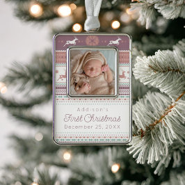 Personalisiertes Baby's First Christmas Pink Renti Rahmen-Ornament Silber