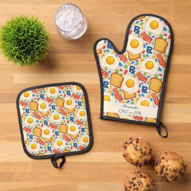 Personalisiertes Bacon & Eggs Pharmacy RX Ofenhandschuh & Topflappen-Set (Oben Unten)
