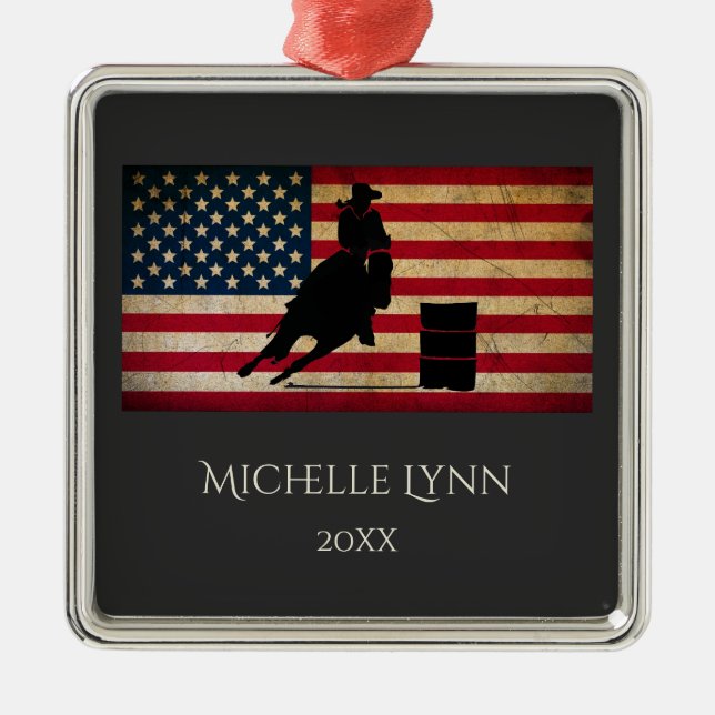 Personalisiertes Barrel Racer amerikanisches Flagg Ornament Aus Metall (Vorne)