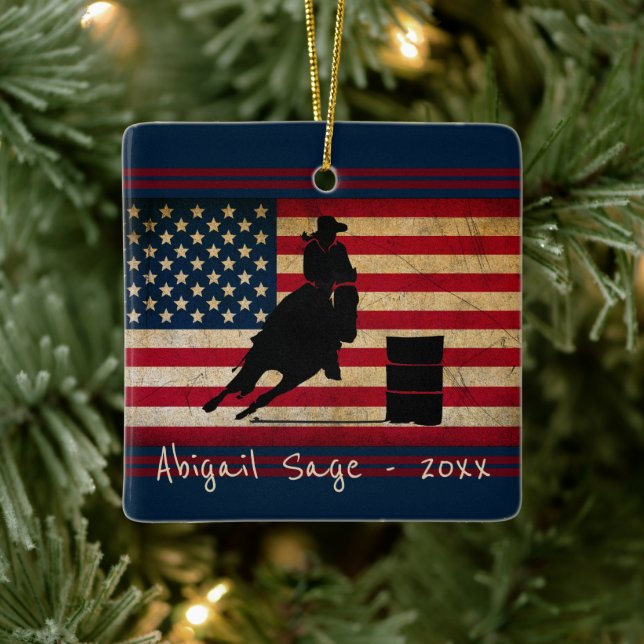 Personalisiertes Barrel Racing American Flag Pferd Keramikornament (Baum)