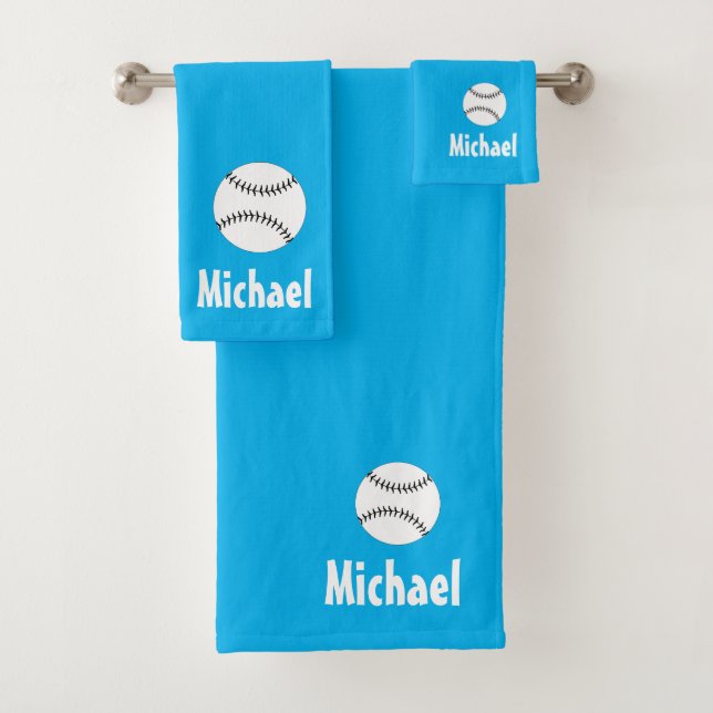 Personalisiertes Baseball Sportblau und weiß Badhandtuch Set (Insitu)