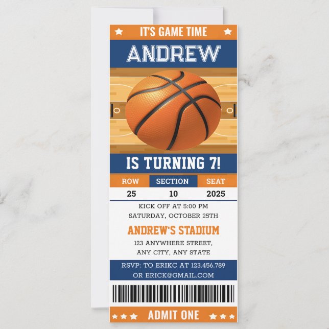 Personalisiertes Basketball-Spiel Ticket Geburtsta Einladung (Vorderseite)