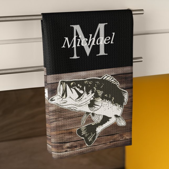 Personalisiertes Bass Fishing Monogramm im Freien  Geschirrtuch (Cool Largemouth Bass Fishing Bar or Kitchen Towel for the Cook or Bartender )