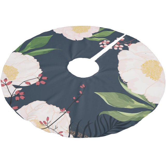 Personalisiertes Baumrock Weiße Blumenrinde Blume  Polyester Weihnachtsbaumdecke (Schrägansicht)