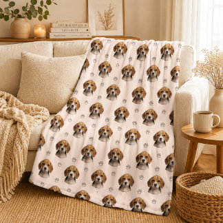 Personalisiertes Beige-Hundefoto-Pfotenmuster Fleecedecke